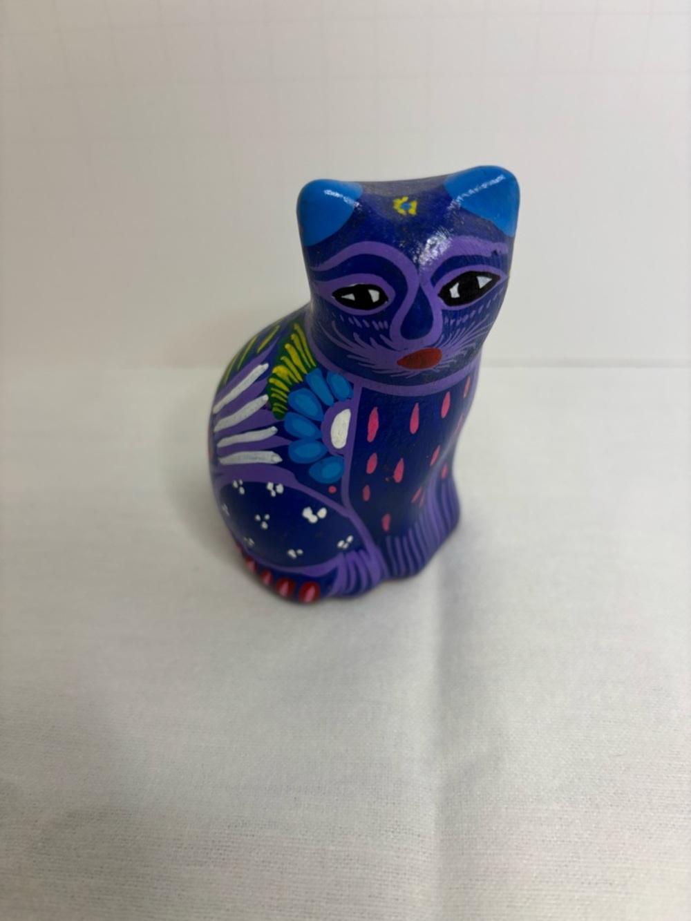 Hand-Painted Purple and blue Folk Art Cat Figurine